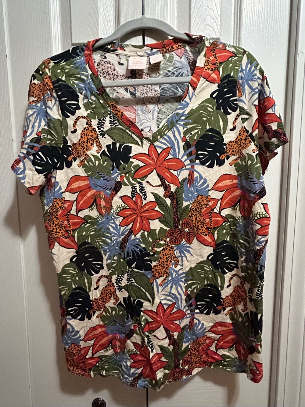 C&C California Multi Tropical Floral & Leopard V-Neck Tee